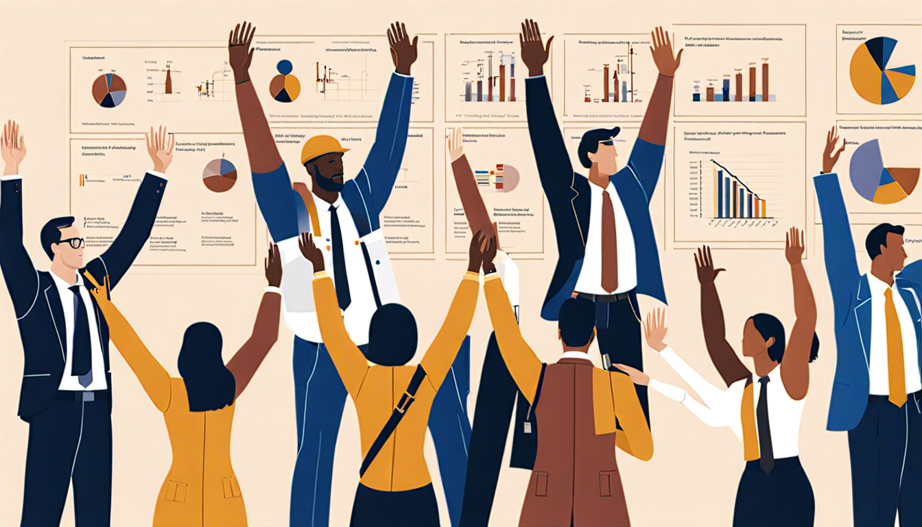 Illustration of workers from varied professions raising their hands before analytics dashboards.
