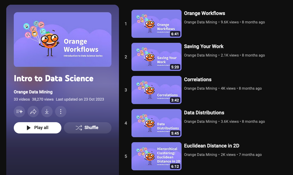 Orange has incredibly helpful videos on YouTube for learning data science / machine learning and using the Orange software