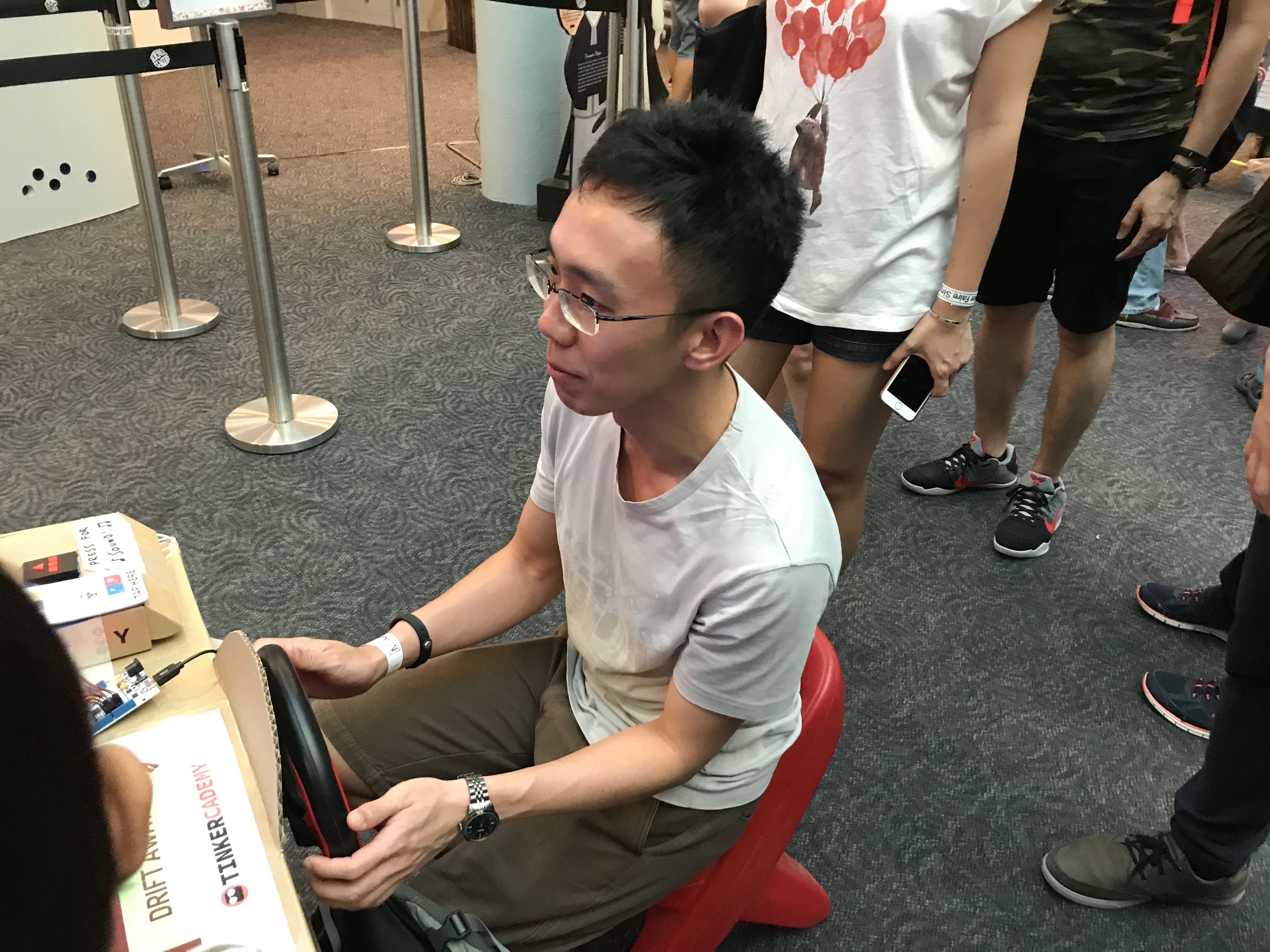 An adult looking cramped