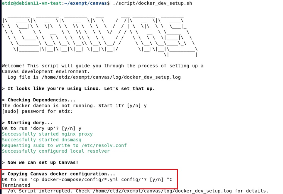 Linux terminal showing Canvas LMS Docker setup before the script was interrupted