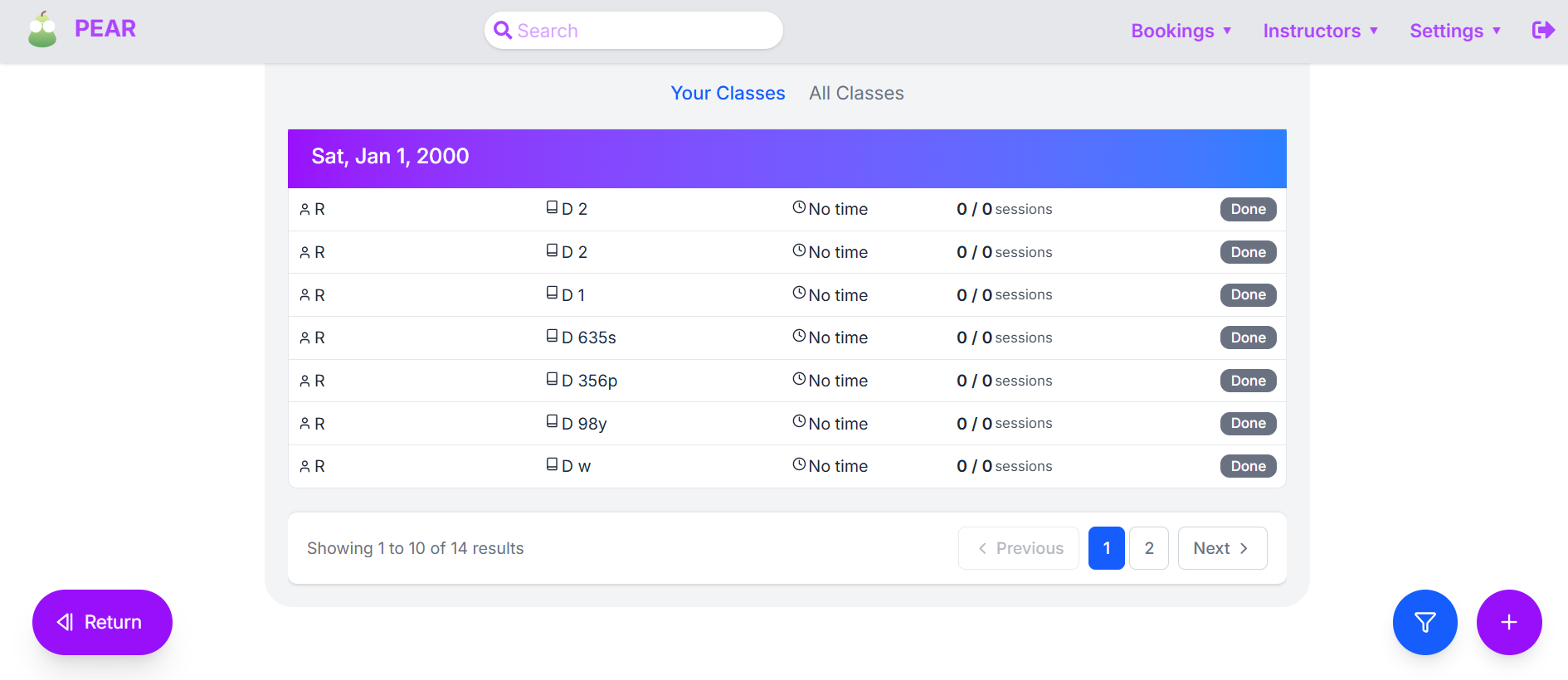 Redesigned Bookings page with navigation, search, class tabs, a dated booking list, pagination, filters and add controls.