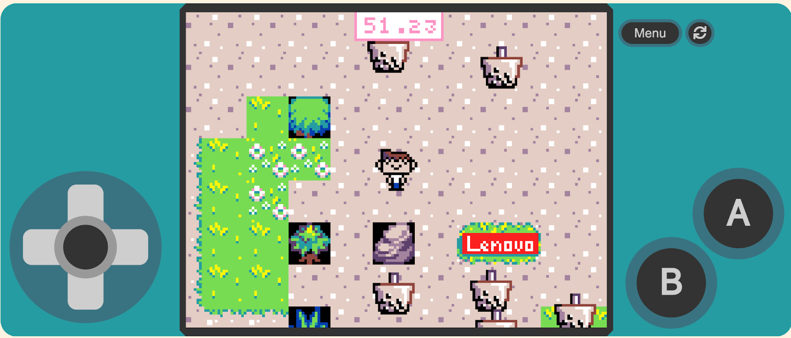 A screenshot of a game made during Girls in Tech Day which uses the Lenovo mascot.