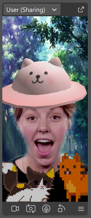 AR preview combining a forest background, pink cat hat and pixel-art cats in the foreground.