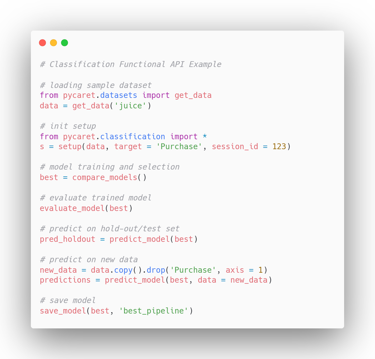 Sample PyCaret code from PyCaret Docs