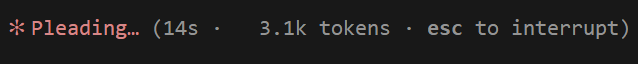 Claude terminal paused on “Pleading…” after 14 seconds and 3.1 thousand tokens.