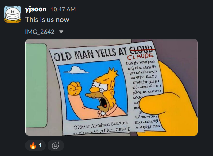 Discord post reading “This is us now” above an “Old man yells at Claude” parody newspaper image.