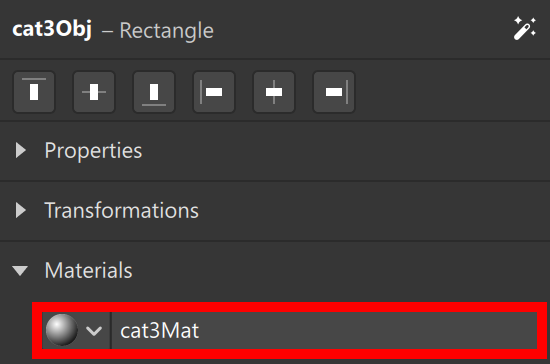 Inspector for the cat3Obj rectangle with cat3Mat assigned in the Materials section.