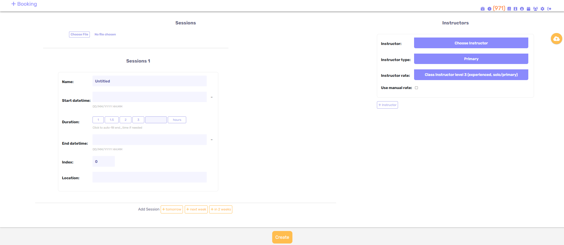 Old Add Booking page with session timing and location fields beside instructor, type and rate controls.