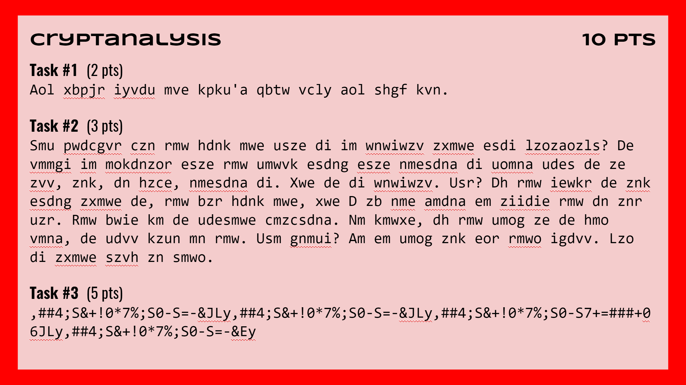 Cryptanalysis challenge slide with three encrypted tasks worth 2, 3 and 5 points