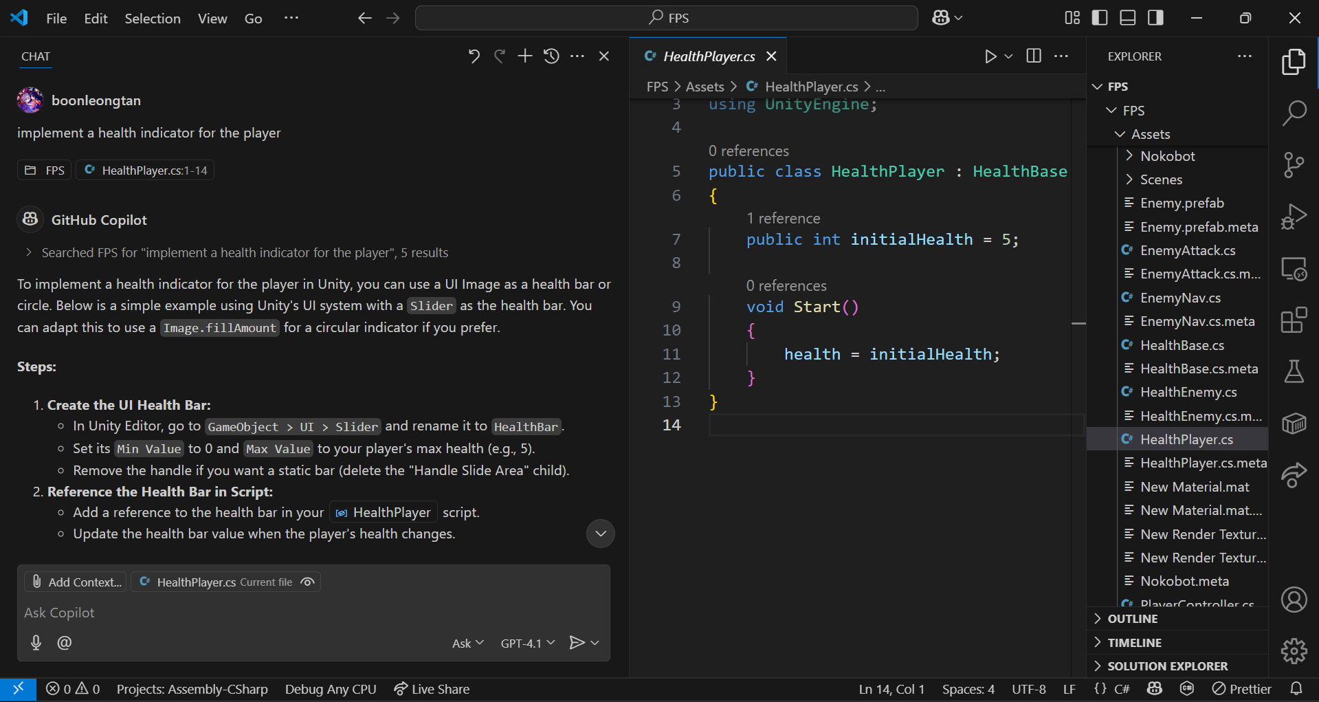 Visual Studio Code with GitHub Copilot guiding the implementation of a Unity player-health indicator in HealthPlayer.cs.