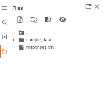 Google Colab Files panel with responses.csv uploaded