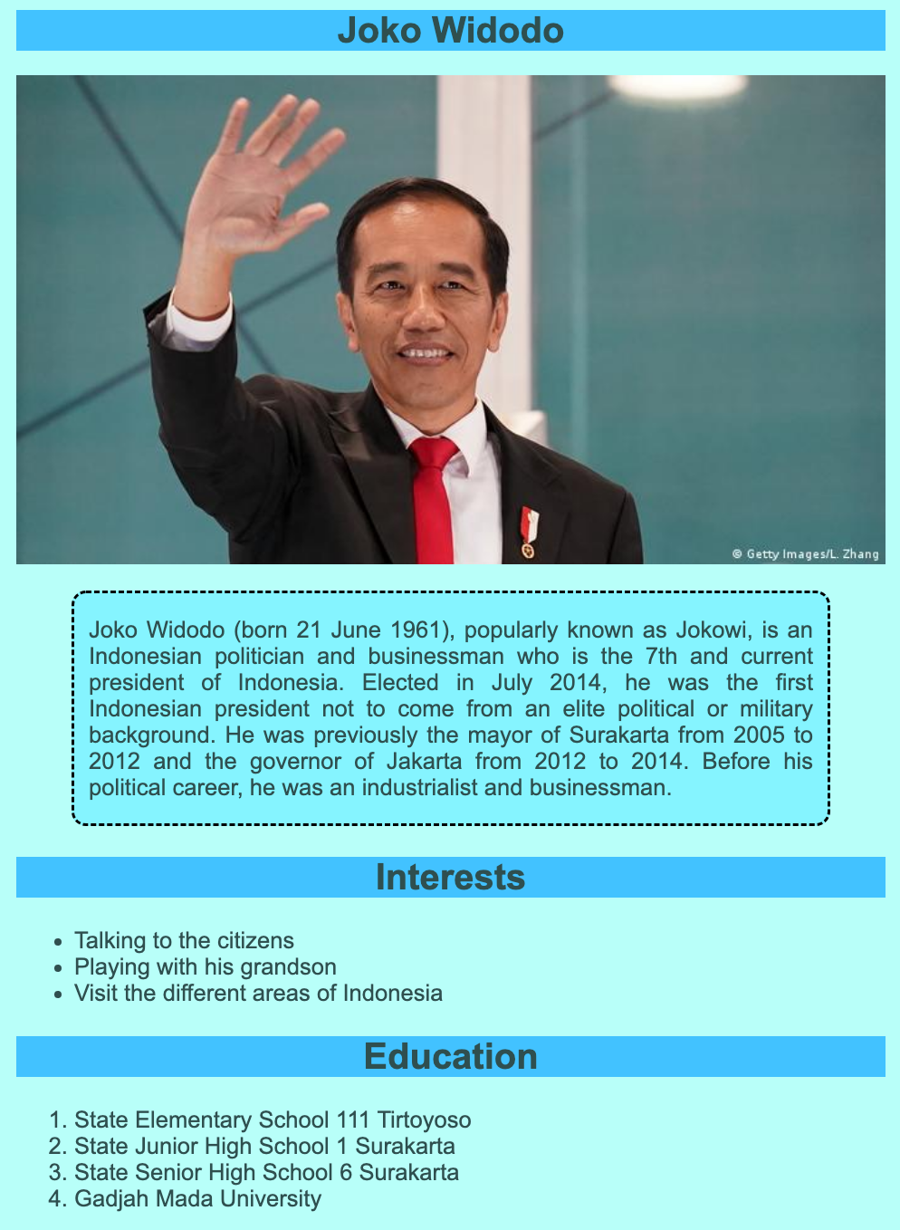 Participant-built profile webpage about Joko Widodo, with a portrait, biography, interests and education sections.