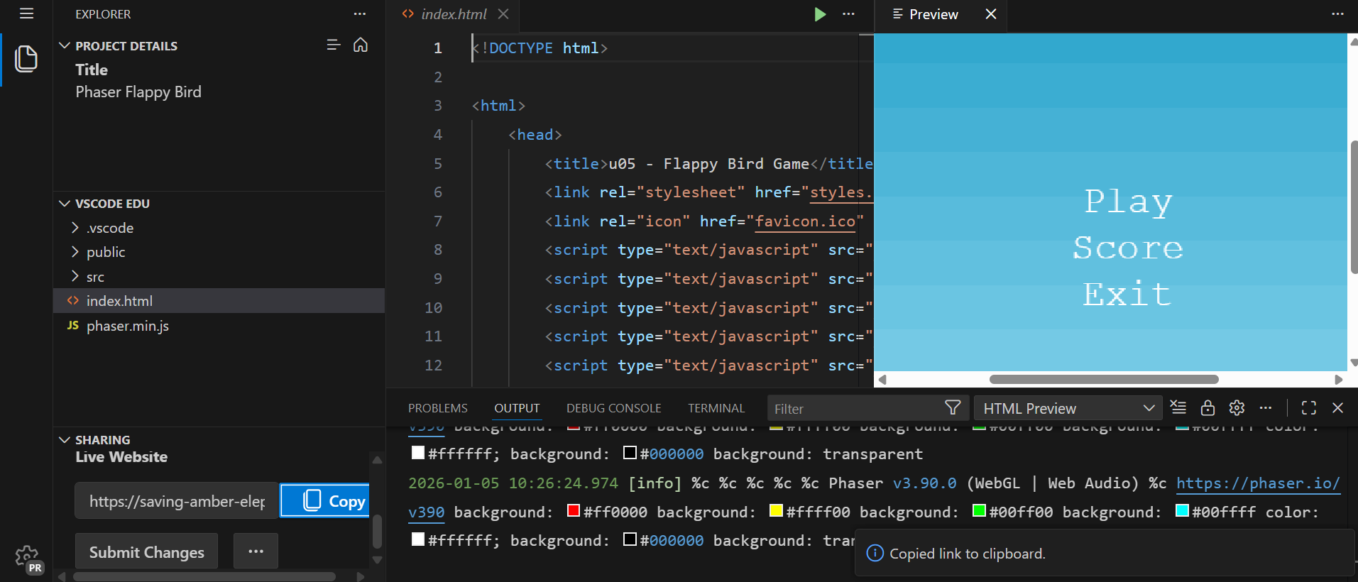 VS Code showing Phaser Flappy Bird code beside a blue game preview with Play, Score and Exit buttons and console output.