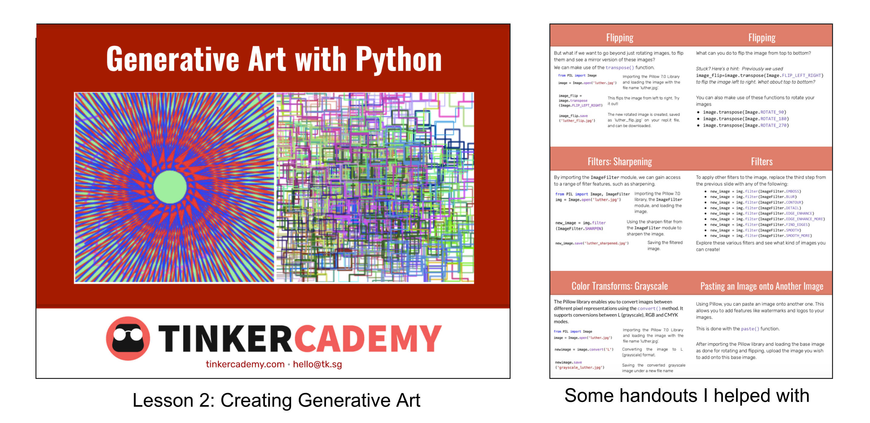 Generative Art with Python lesson cover beside a handout explaining Pillow image operations.