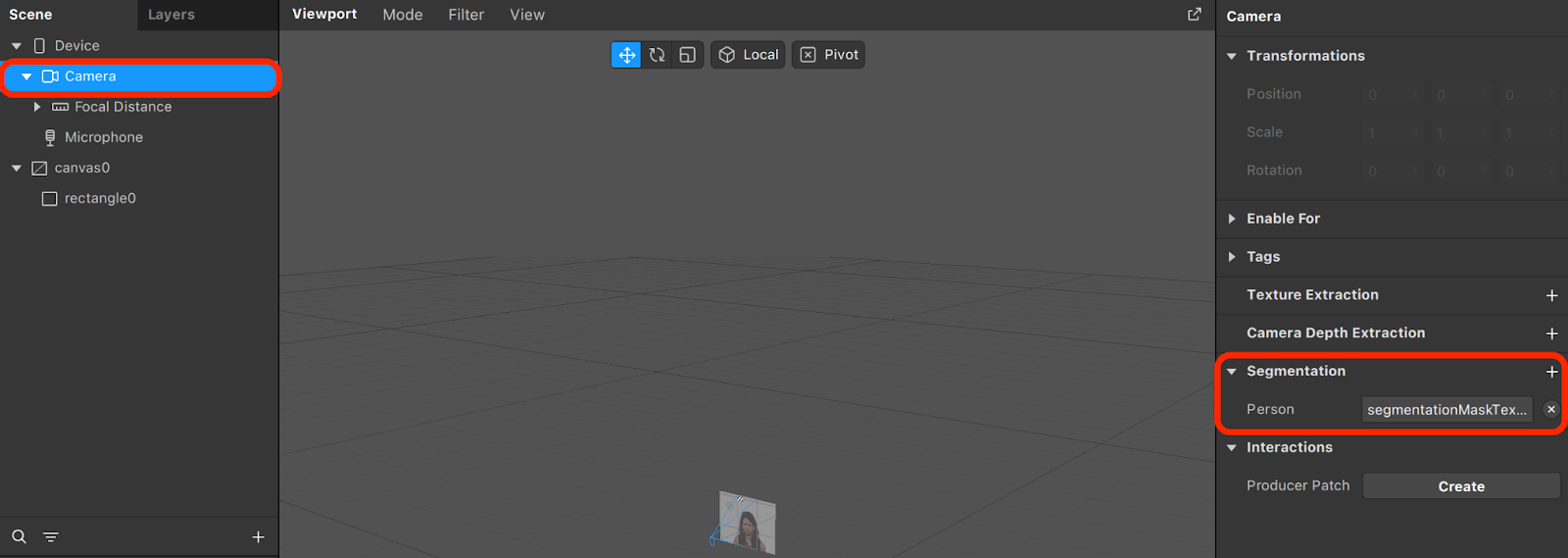 Meta Spark Camera inspector with Person segmentation assigned to a segmentation-mask texture.