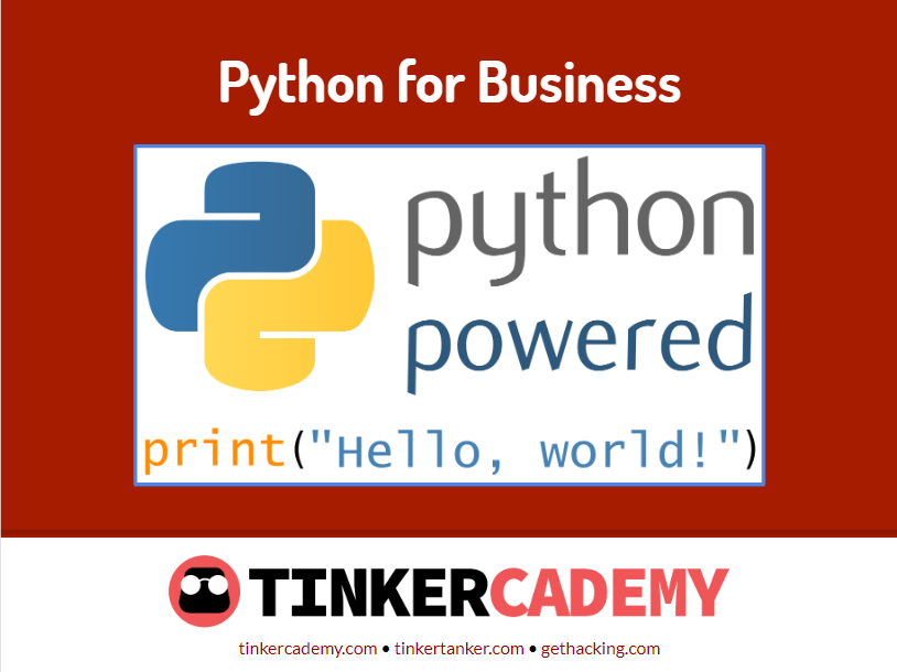 Python for Business course graphic with the Python logo and the code print("Hello, world!").