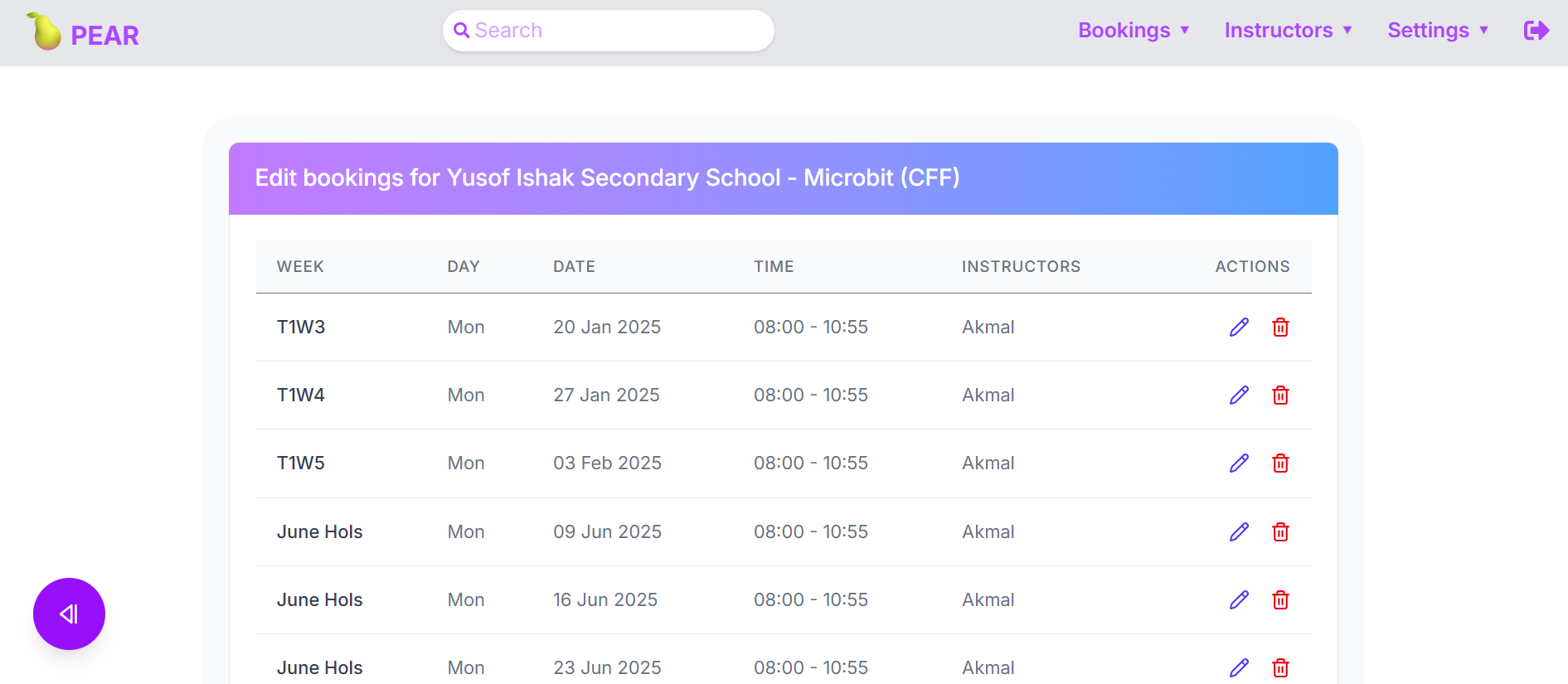Redesigned booking edit page with a table of school session dates, times, instructors, and edit or delete actions.