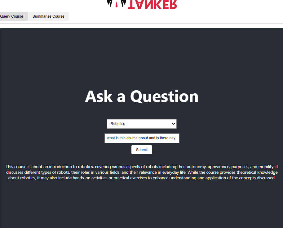 Query interface with Robotics selected, a question field and a generated course summary introducing robotics.