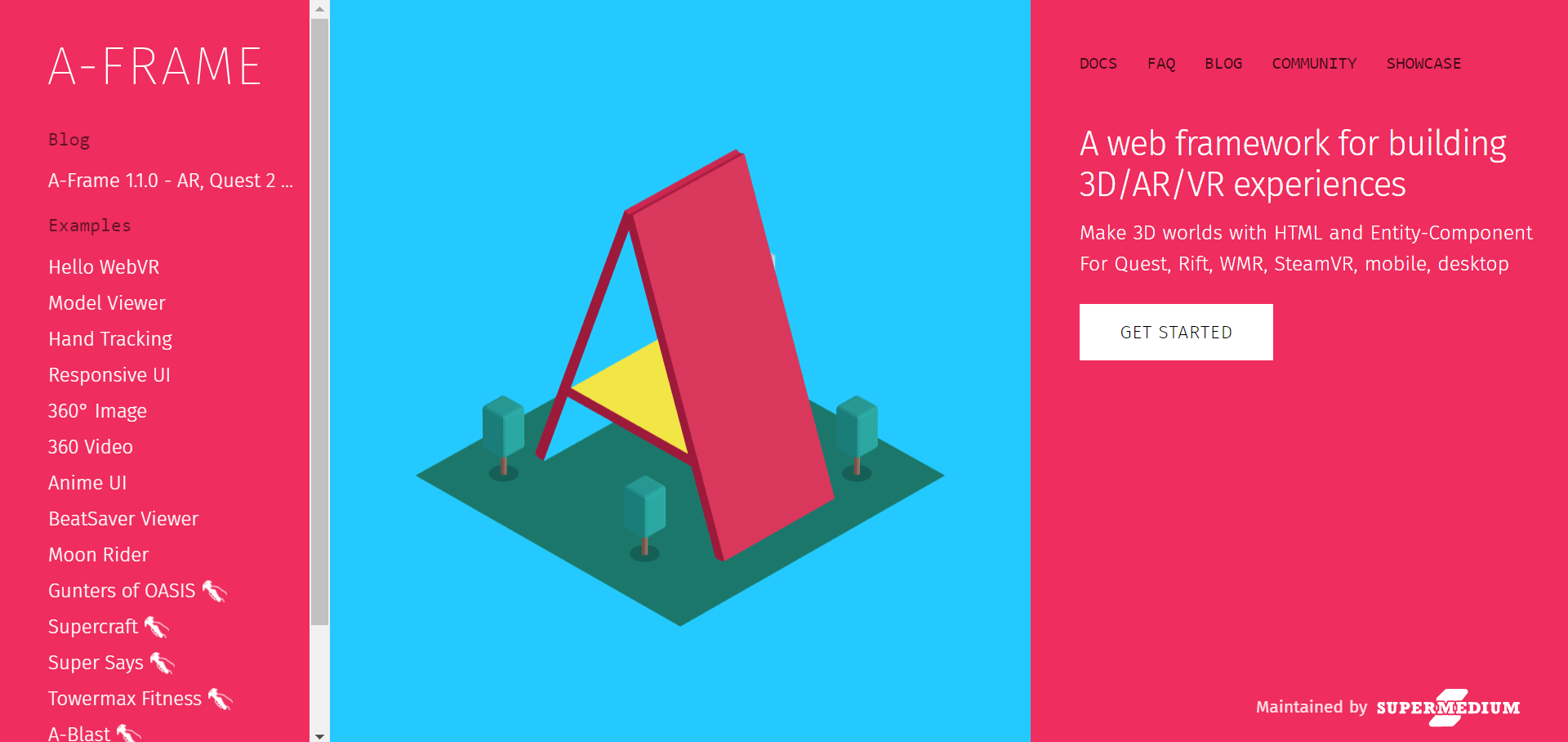 A-Frame homepage describing its framework for building 3D, augmented-reality and virtual-reality experiences.