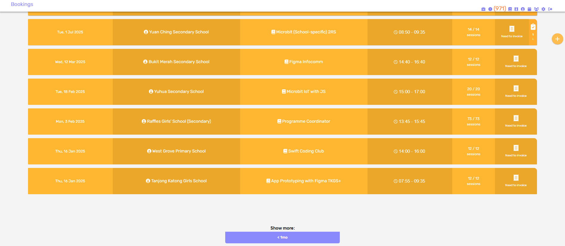 Old Bookings page with six orange rows listing dates, schools, programmes, times, session counts and invoice statuses.