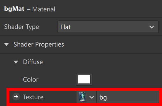 Material inspector showing the background texture bg assigned to bgMat.