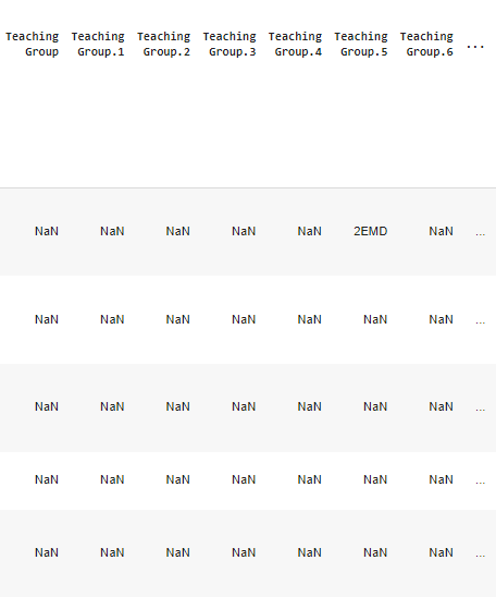Teaching Group columns filled mostly with NaN, with one group value in a row