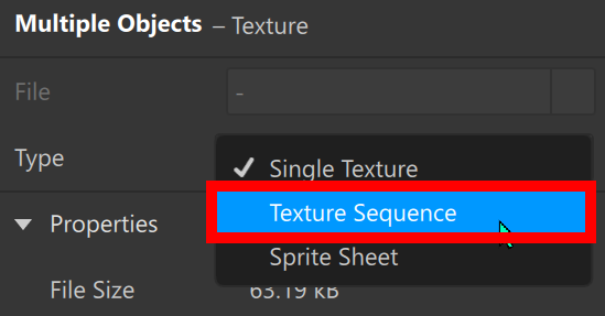 Texture Type menu with Texture Sequence highlighted for the selected animation frames.