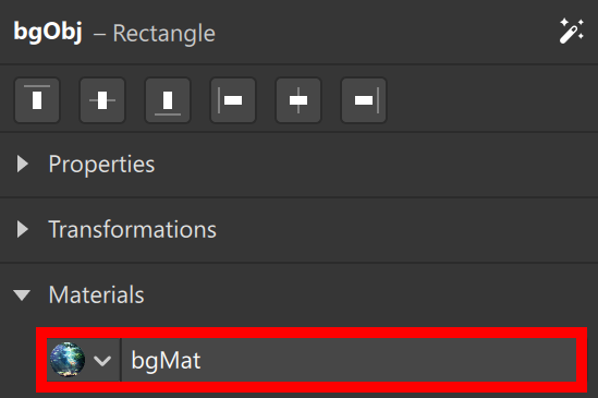 Inspector for the bgObj rectangle with bgMat assigned in the Materials section.