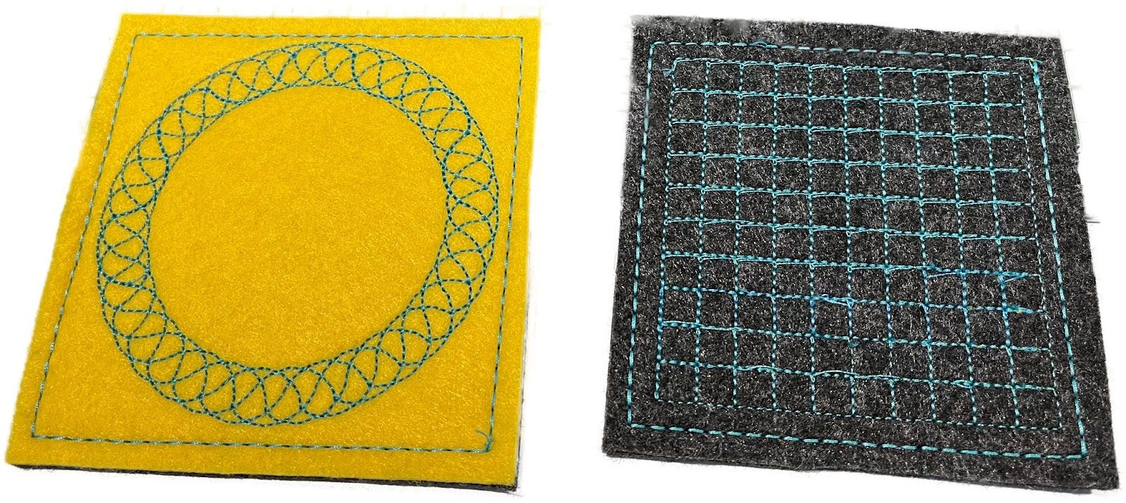 Embroidered textiles that were made using Turtle Stitch code.
