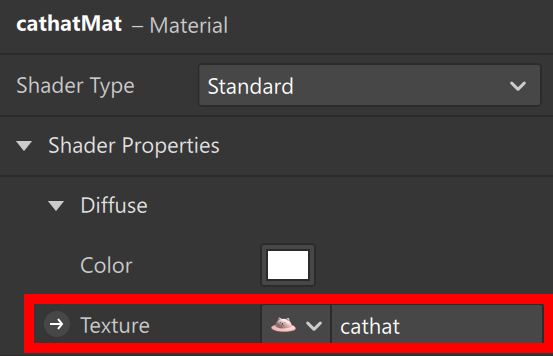 Material inspector showing the catHat texture assigned to catHatMat.