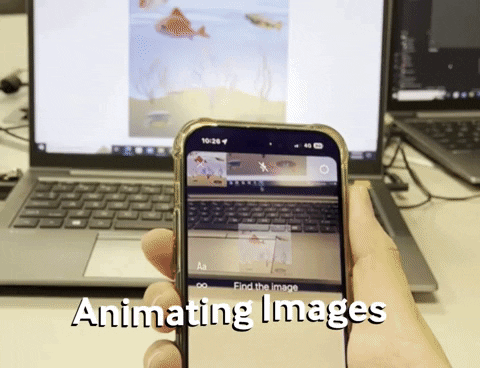 Animating Images demo: a phone finds an illustration on a laptop screen, then displays tracked AR content over it.