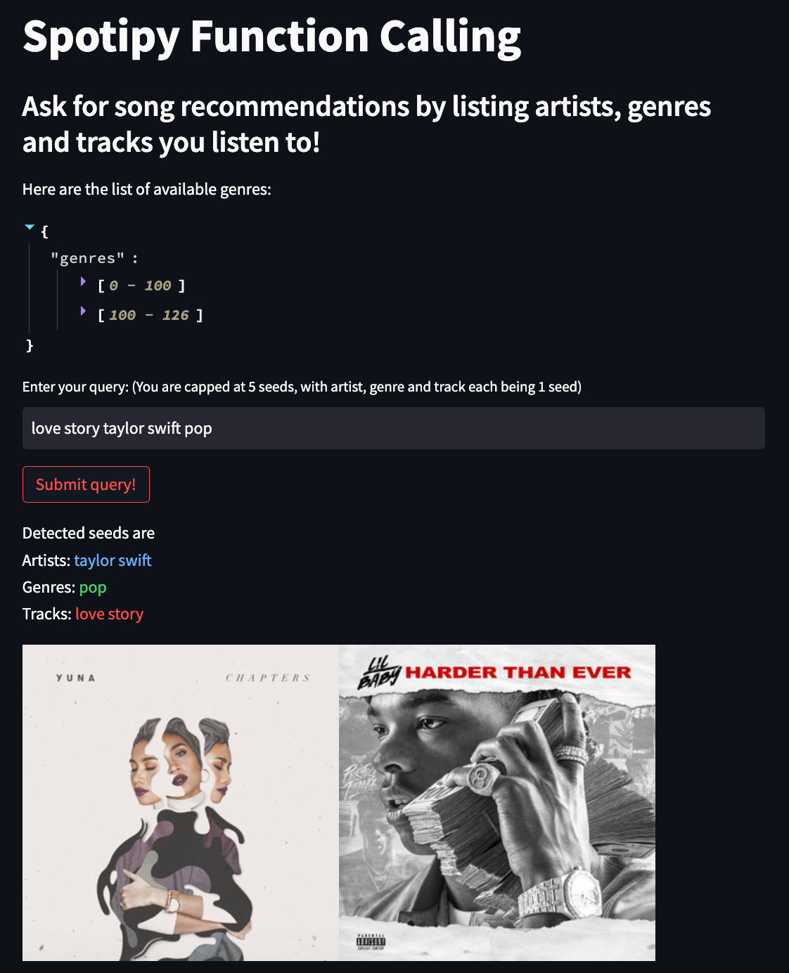 Streamlit app recommending songs from the query “love story taylor swift pop”