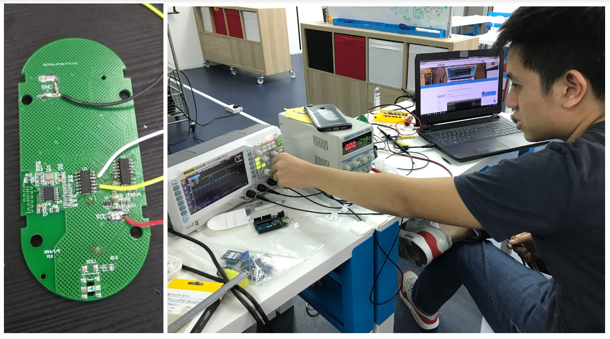 Left: Other side of the PCB. Right: using the oscilloscope to probe the board