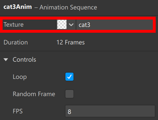 cat3Anim settings using the cat3 texture for a looping 12-frame animation at 8 FPS.