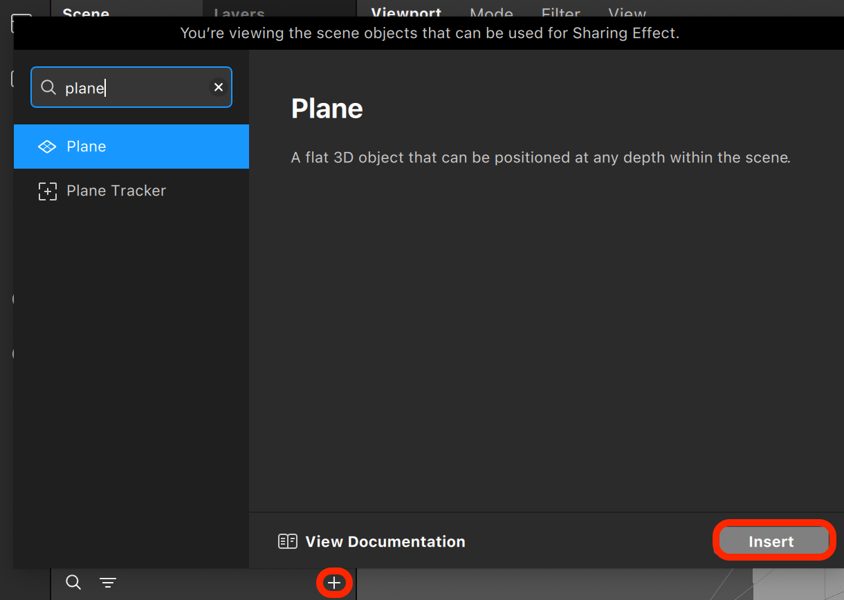 Meta Spark object panel with Plane selected and ready to insert.