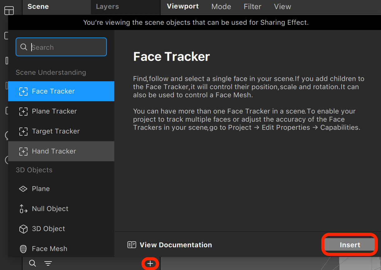 Meta Spark object panel with Face Tracker selected and the Insert button highlighted.