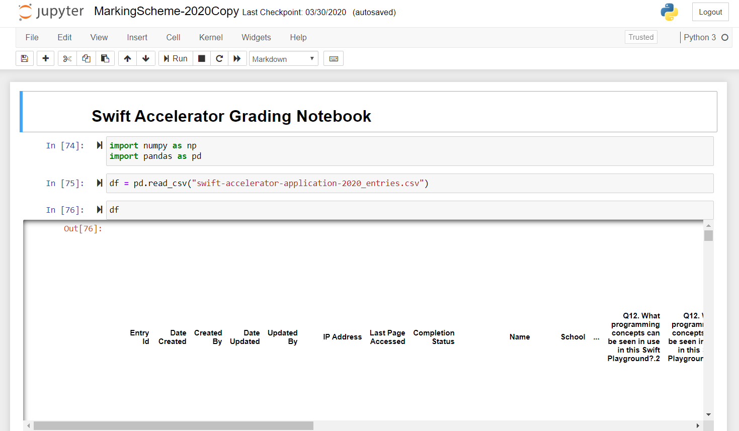 Jupyter notebook for Swift Accelerator grading, loading selection-test responses from a CSV file with Pandas.