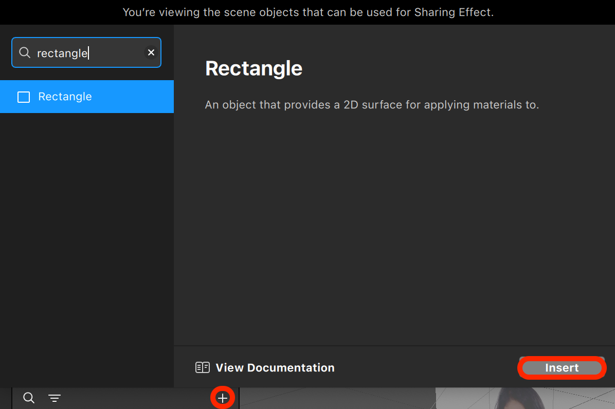 Meta Spark object panel with Rectangle selected and ready to insert as a 2D surface.