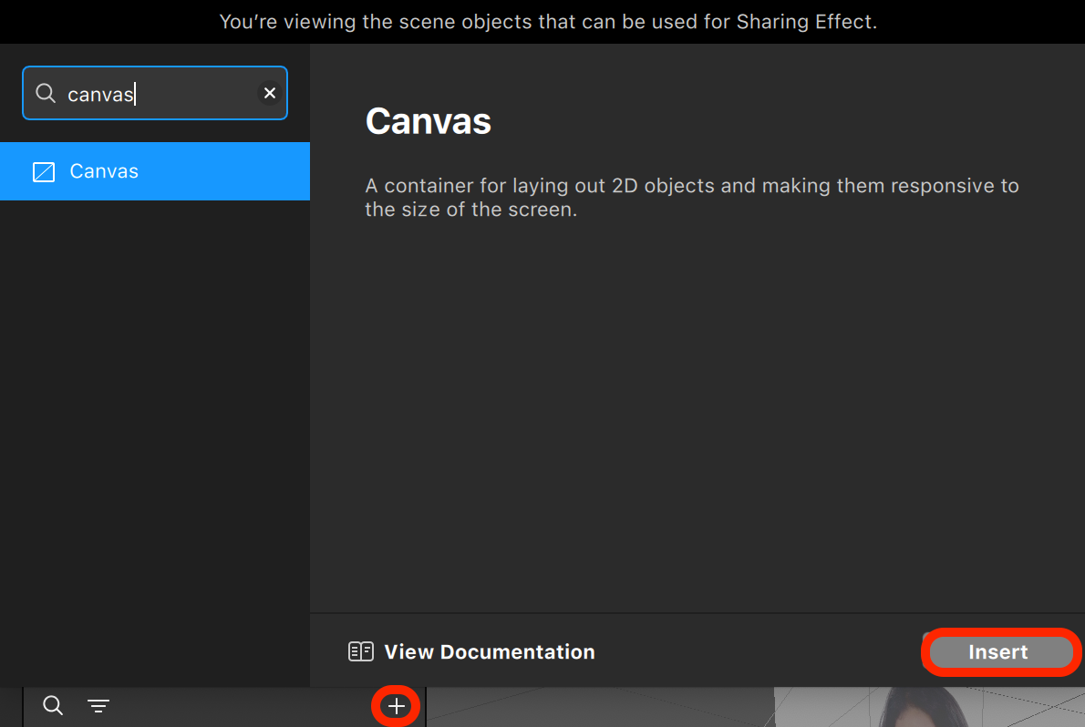 Meta Spark object panel with Canvas selected and ready to insert.