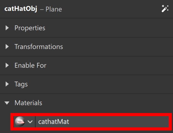 Inspector for the catHatObj plane with catHatMat assigned in the Materials section.