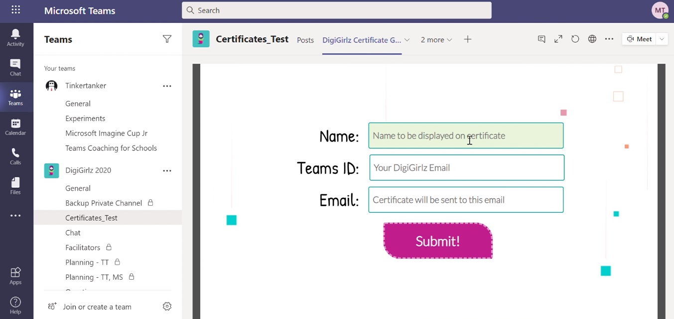 My app on the Teams channel; unfortunately it does not work outside of my account, otherwise it works great!