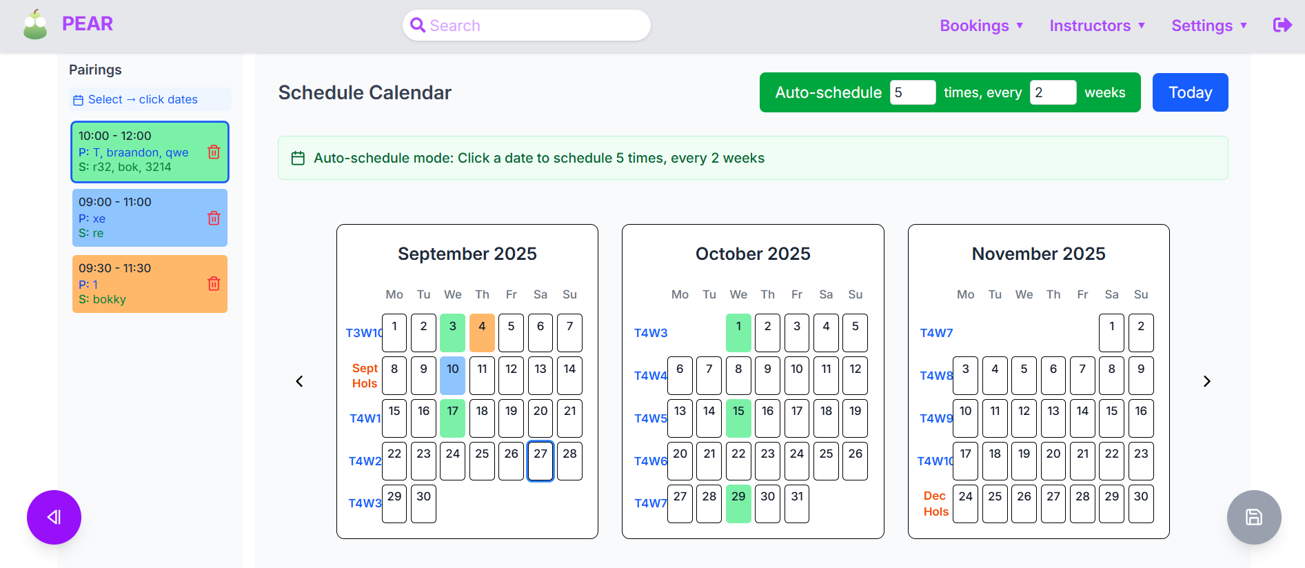Redesigned Add Booking page with pairing cards and a three-month scheduling calendar for September to November 2025.