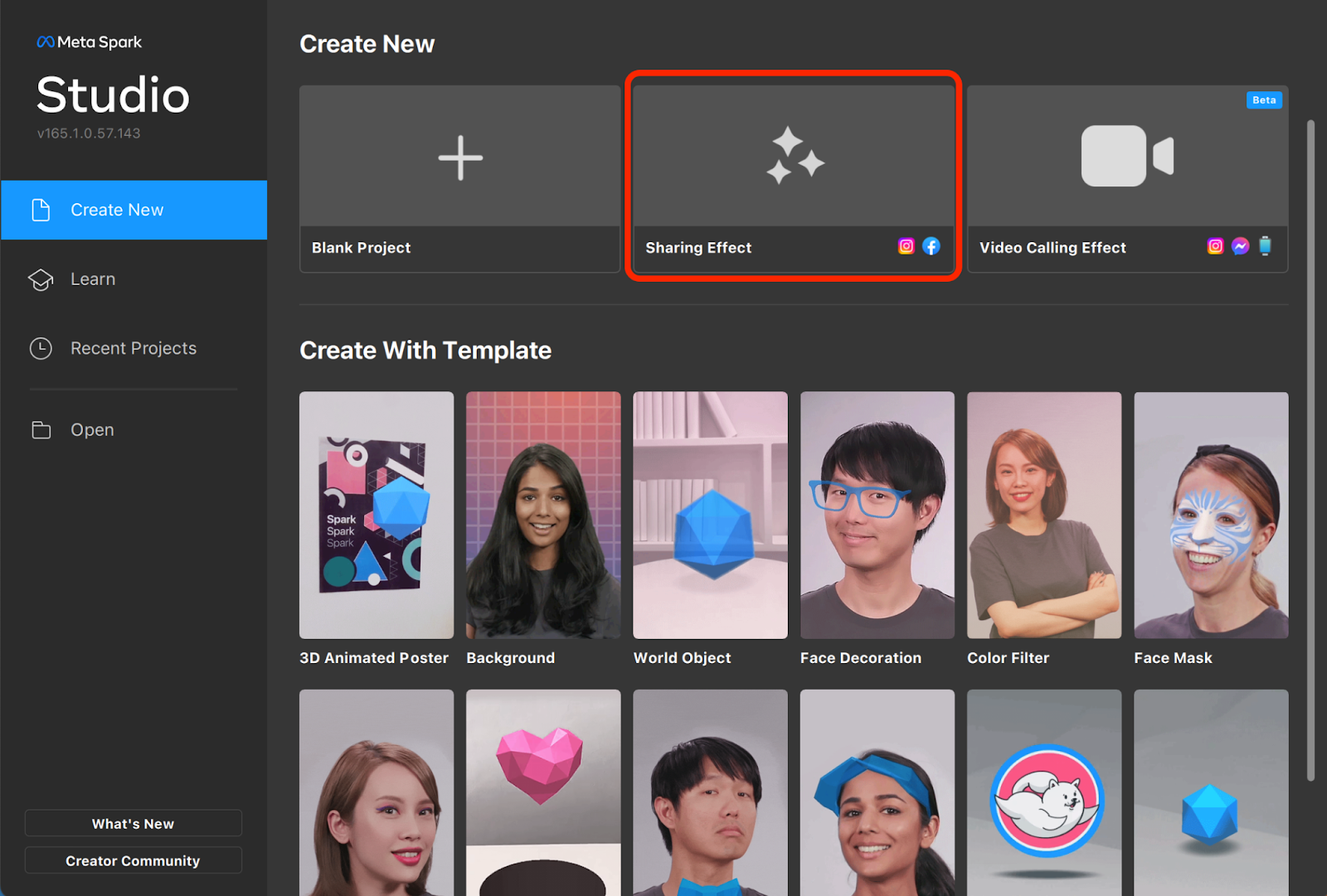 Meta Spark Studio start screen with the Sharing Effect project option highlighted.