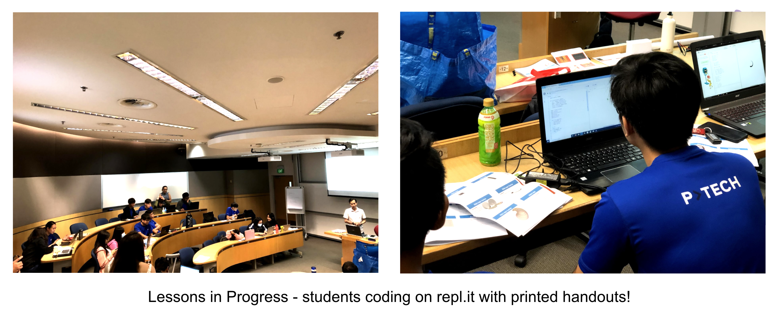 Students code on laptops during a P-TECH lesson, using repl.it and printed handouts.