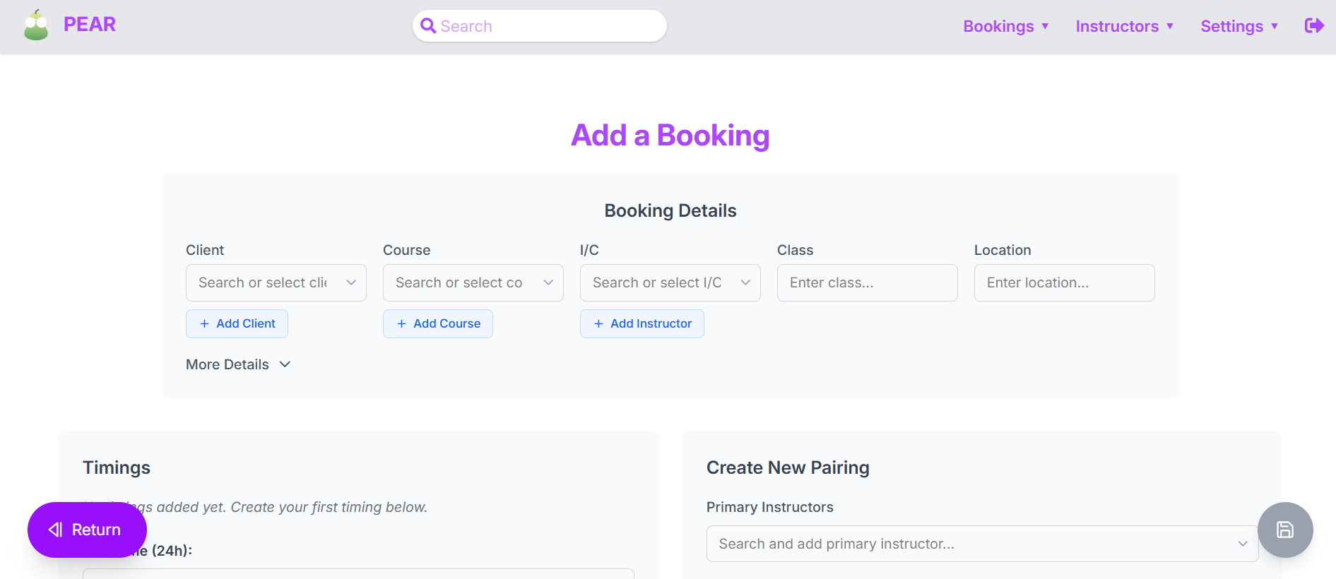Redesigned Add Booking page with booking details, timing and instructor-pairing sections, a Return button and save control.