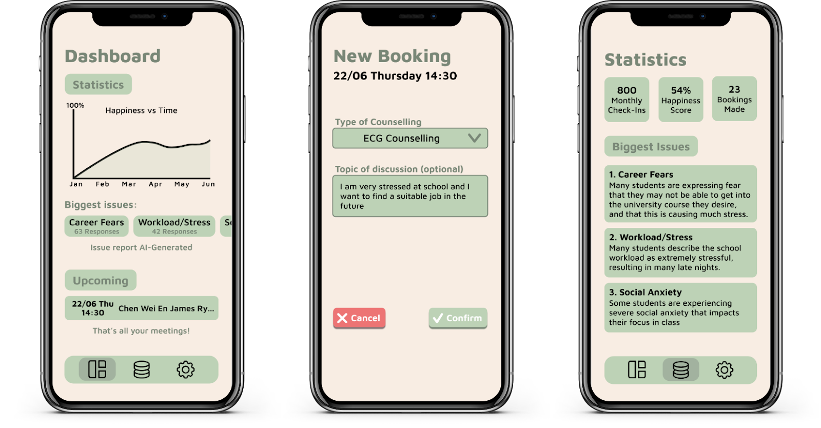 CounseLink screens for counselling bookings, happiness tracking and student check-ins