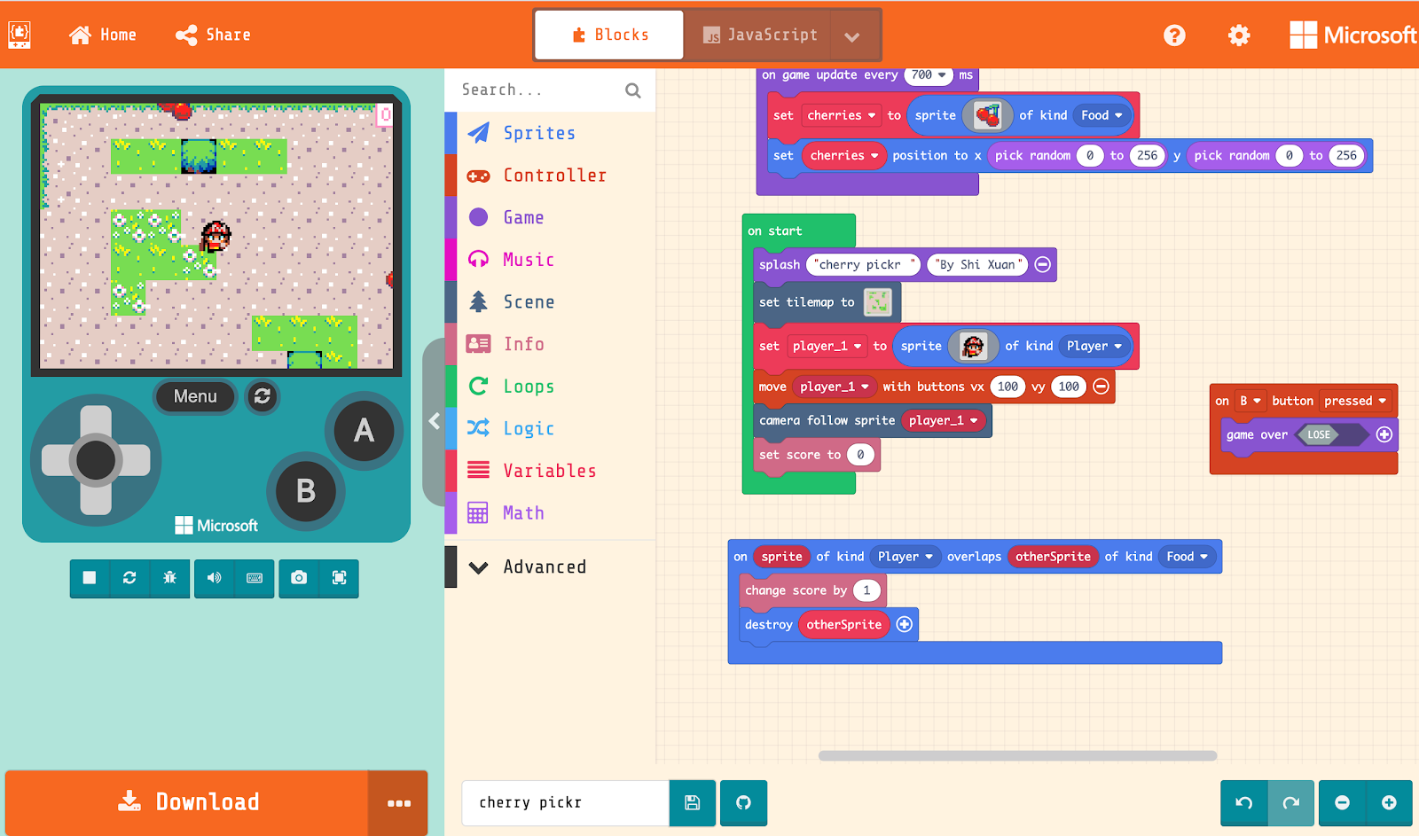 A screenshot of the MakeCode block-based programming environment that allows users to build GameBoy-style console games. This was the game that our parents and kids built during the workshop.