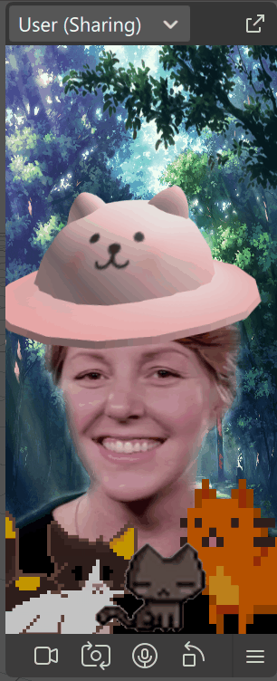 AR scene tracking a pink cat-shaped hat above a moving user's head, with a forest background and pixel-art cats in front.