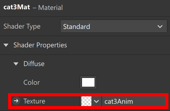 Material inspector showing the cat3Anim animation sequence assigned to cat3Mat.