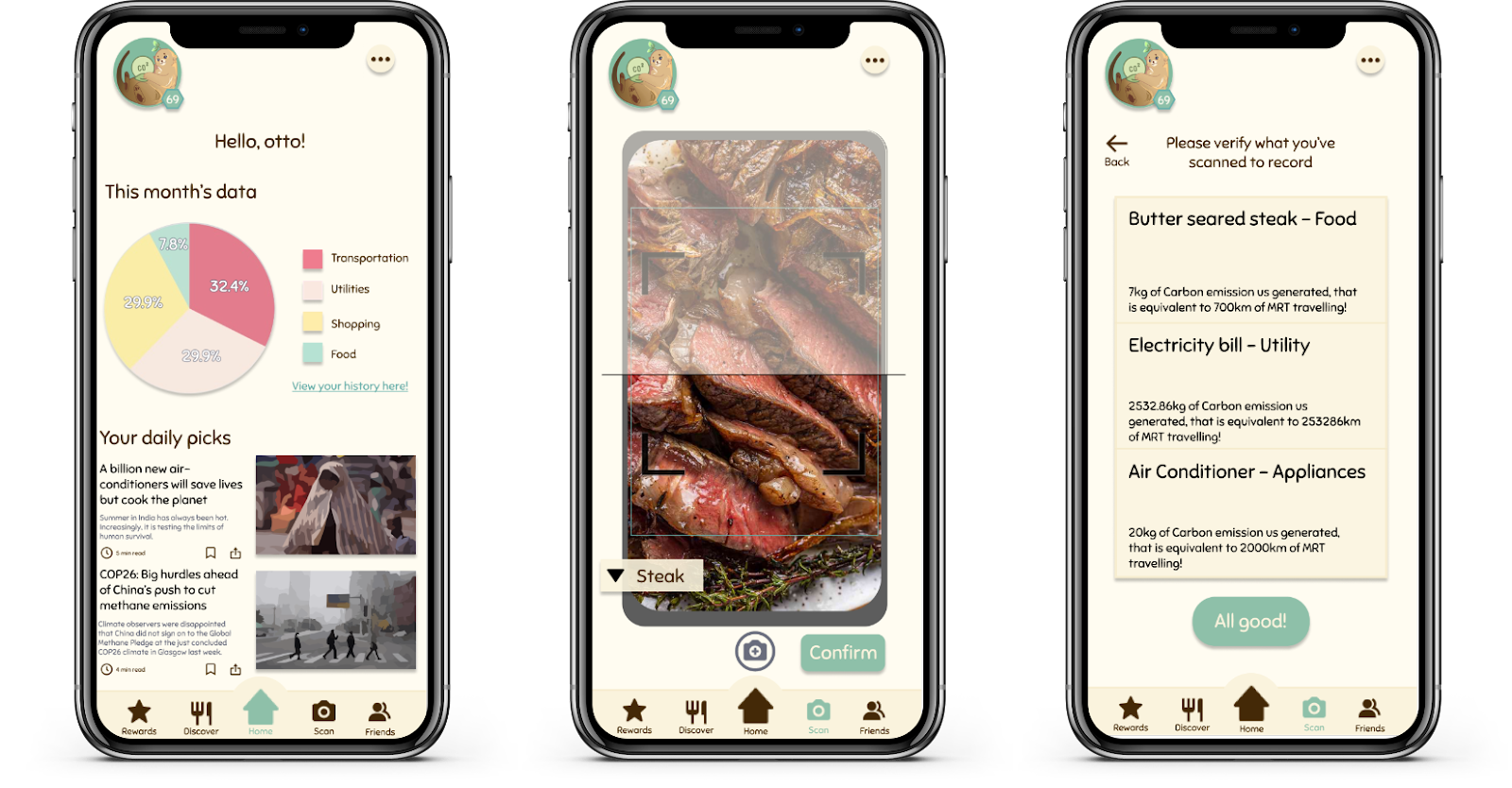 CO2Green screens for tracking a carbon footprint and scanning a meal’s emissions